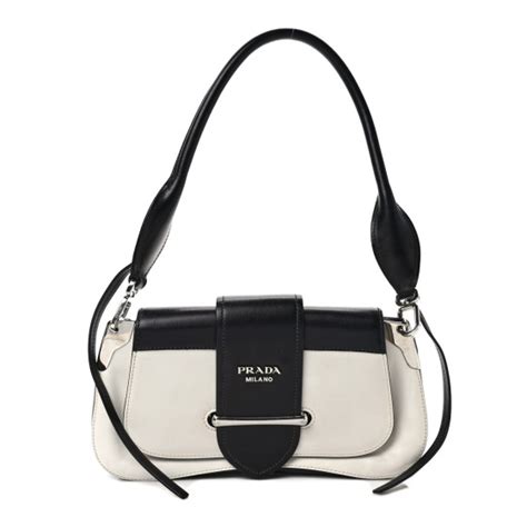 PRADA City Calfskin Small Sidonie Shoulder Bag White Black 